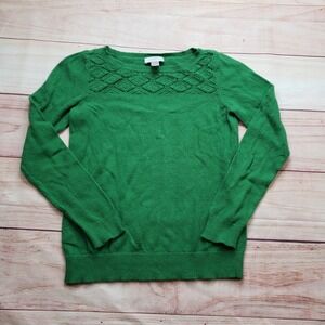 LOFT‎ Crochet Yoke Knit Sweater Womens Small Green Long Sleeve Pullover Ladies